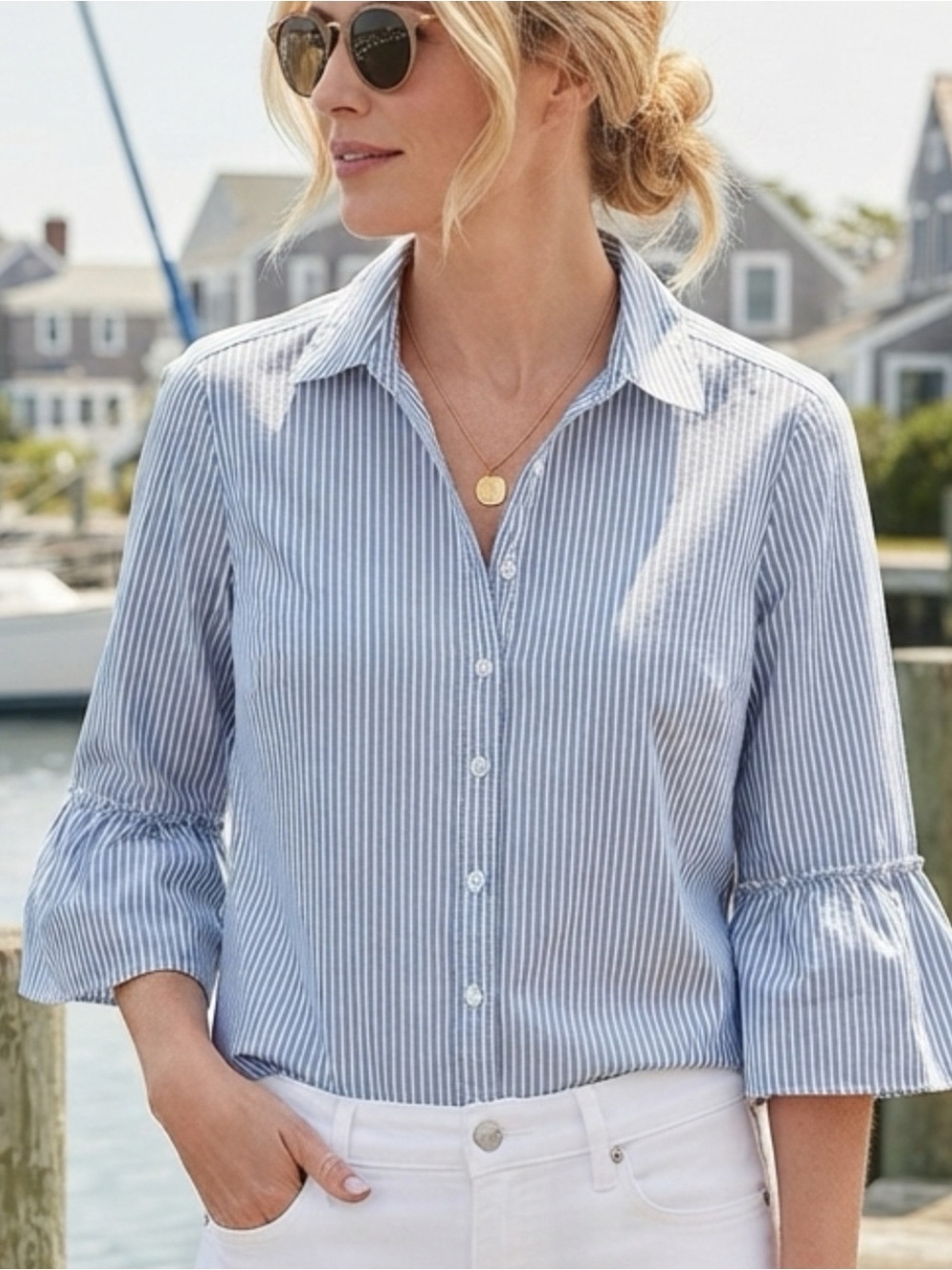Chico's 2 Blue White Striped Button-Down Shirt Womens Large Coastal Preppy EUC